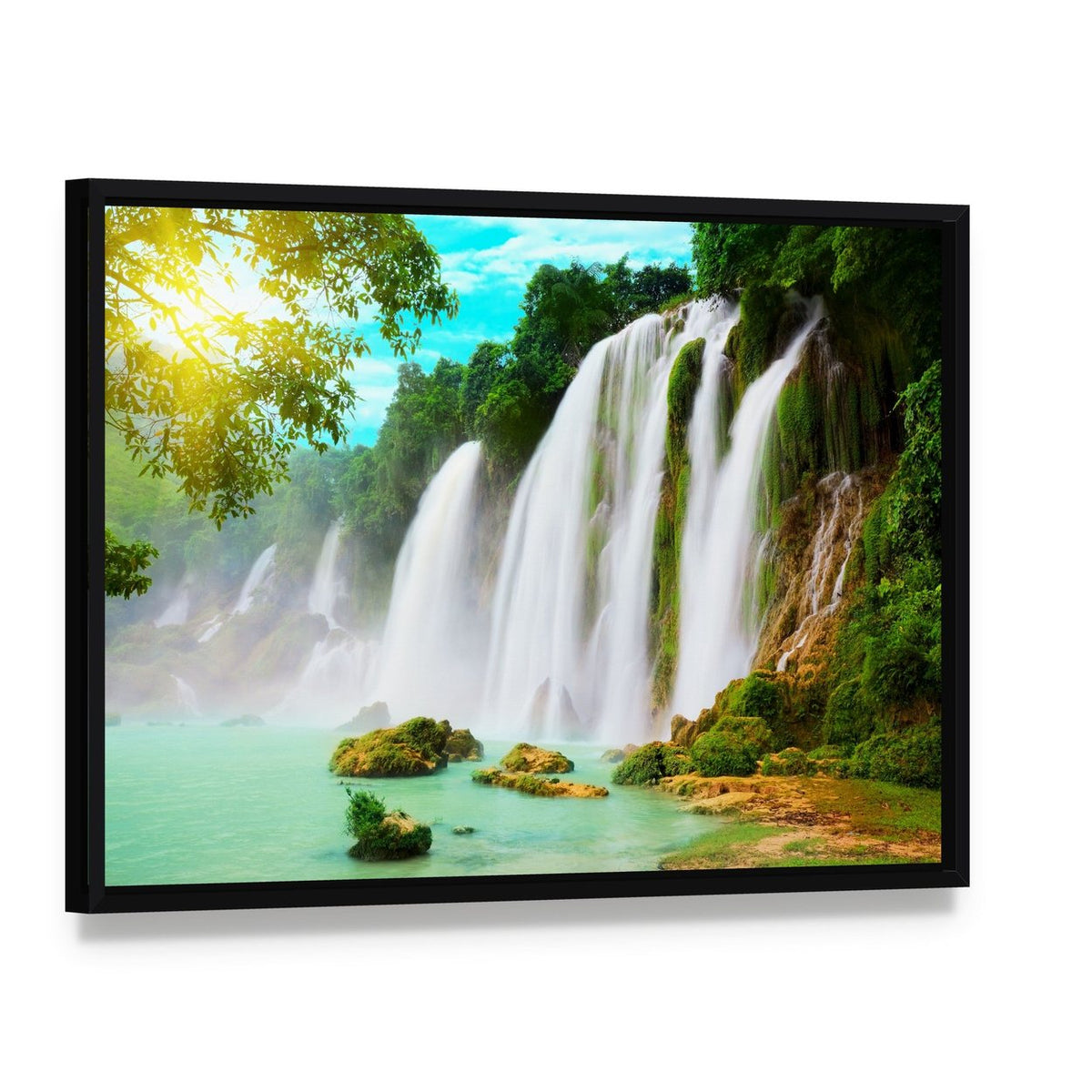 Ban Gioc Waterfall Canvas Wall Art, framed canvas in a black floater frame, angled product view
