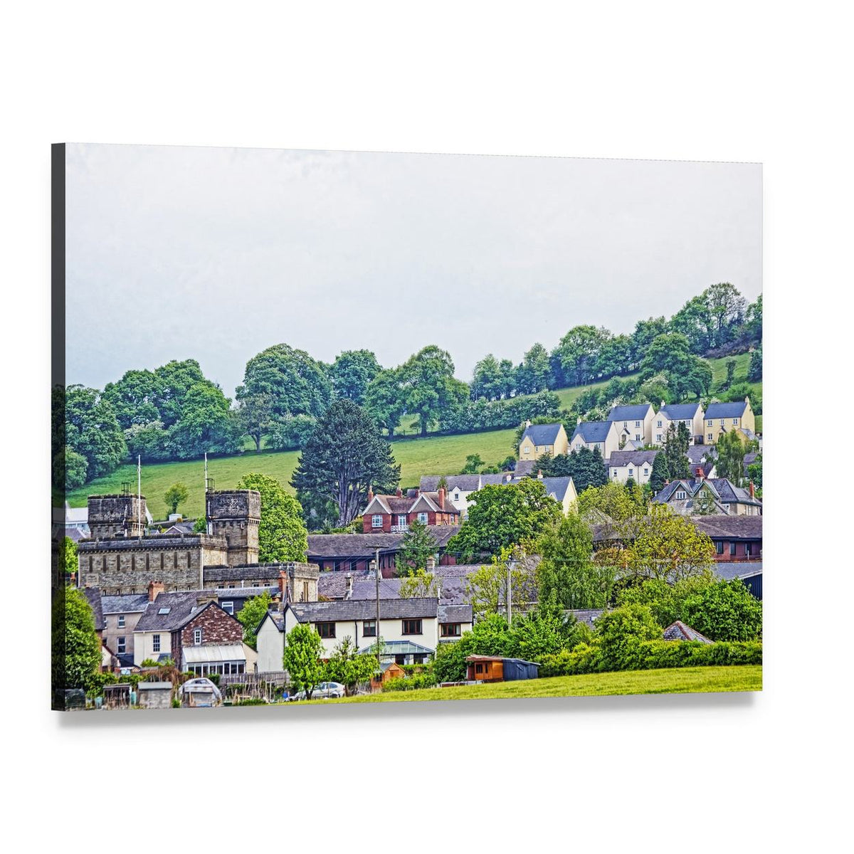 Old Stone Village with Tiled Roofs Canvas Wall Art, single panel gallery wrapped canvas, angled product view