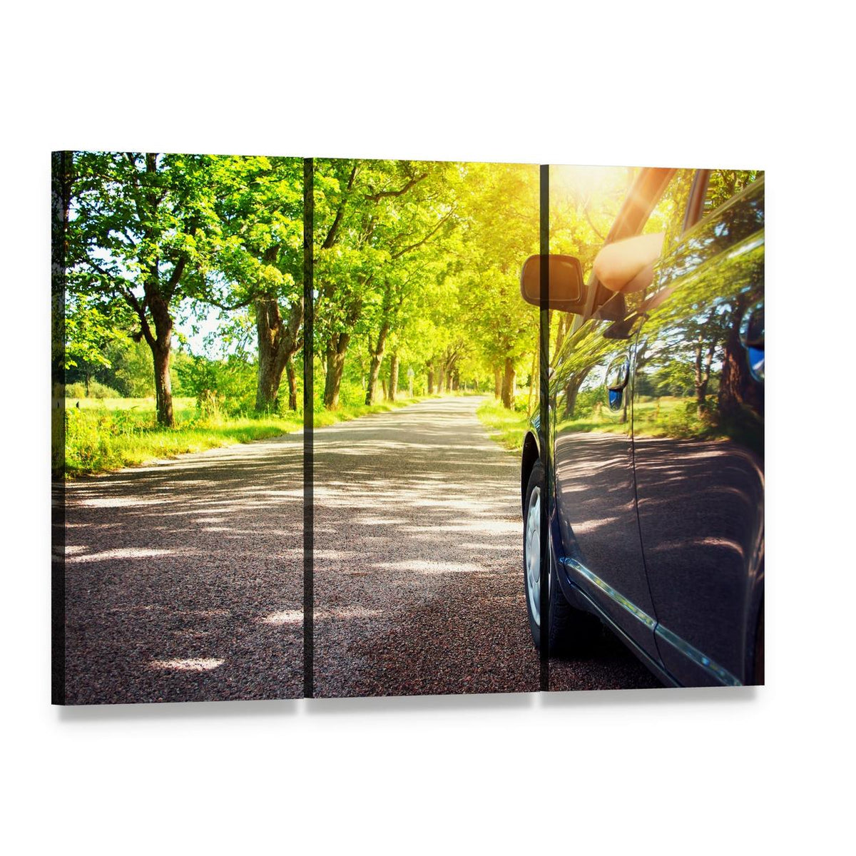 Car on Asphalt Road Canvas Wall Art, 3 panel 3 Horizontal layout gallery wrapped canvas set, angled product view