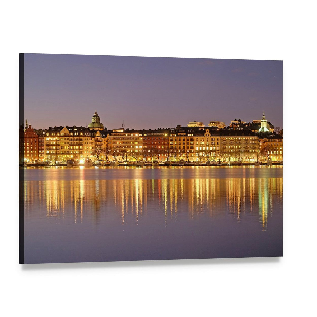Stockholm Night Skyline with Reflections Canvas Wall Art, single panel gallery wrapped canvas, angled product view