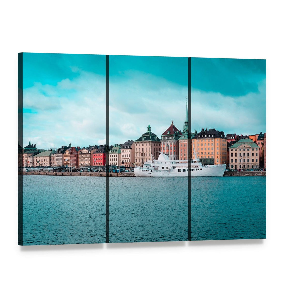 Passenger Ship in Stockholm Harbour Canvas Wall Art, 3 panel 3 Horizontal layout gallery wrapped canvas set, angled product view