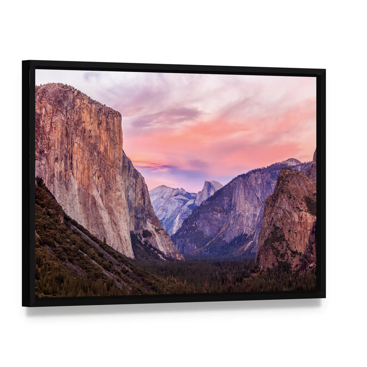 Yosemite National Park Valley Canvas Wall Art, framed canvas in a black floater frame, angled product view