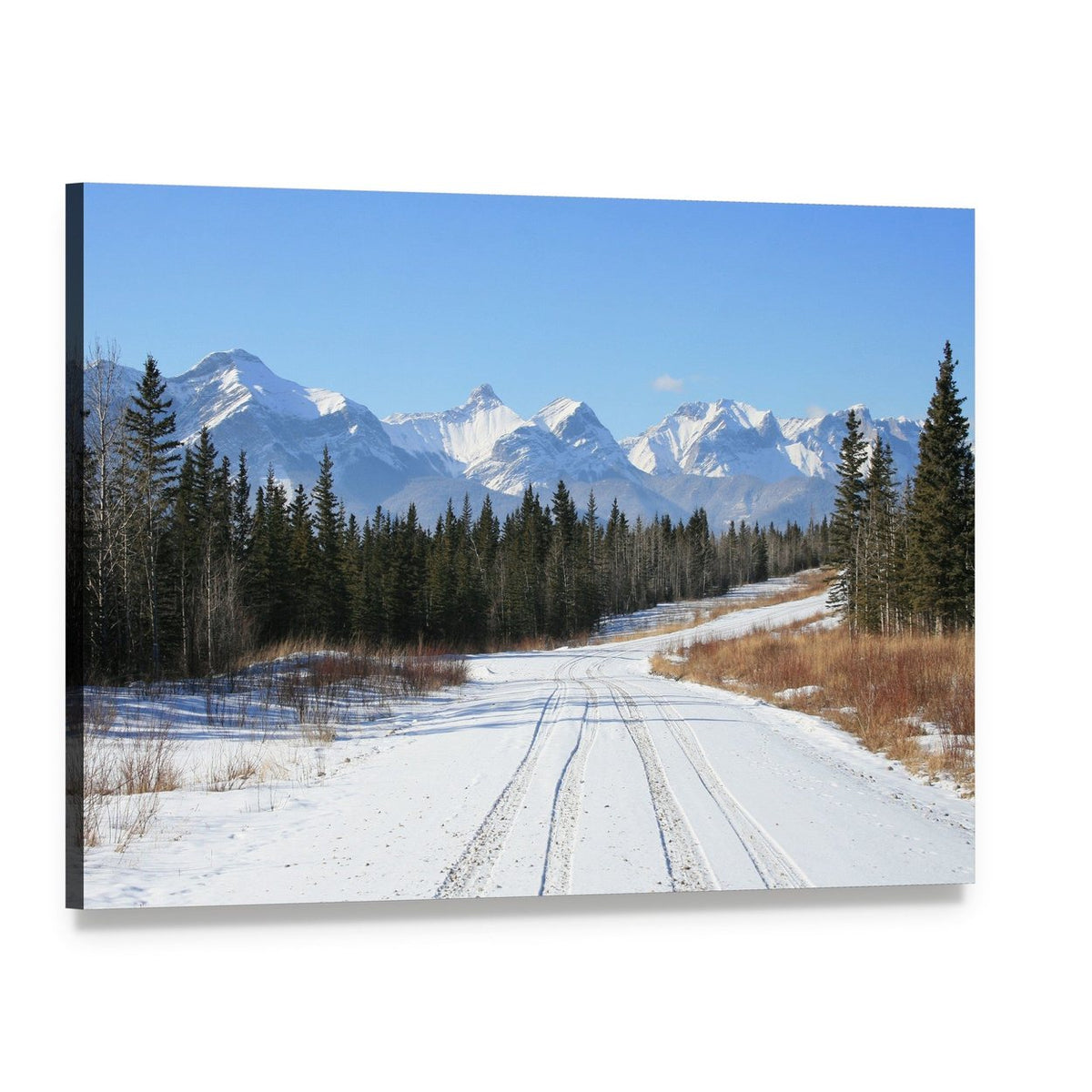 Snowy Road in Canadian Rockies Canvas Wall Art, single panel gallery wrapped canvas, angled product view