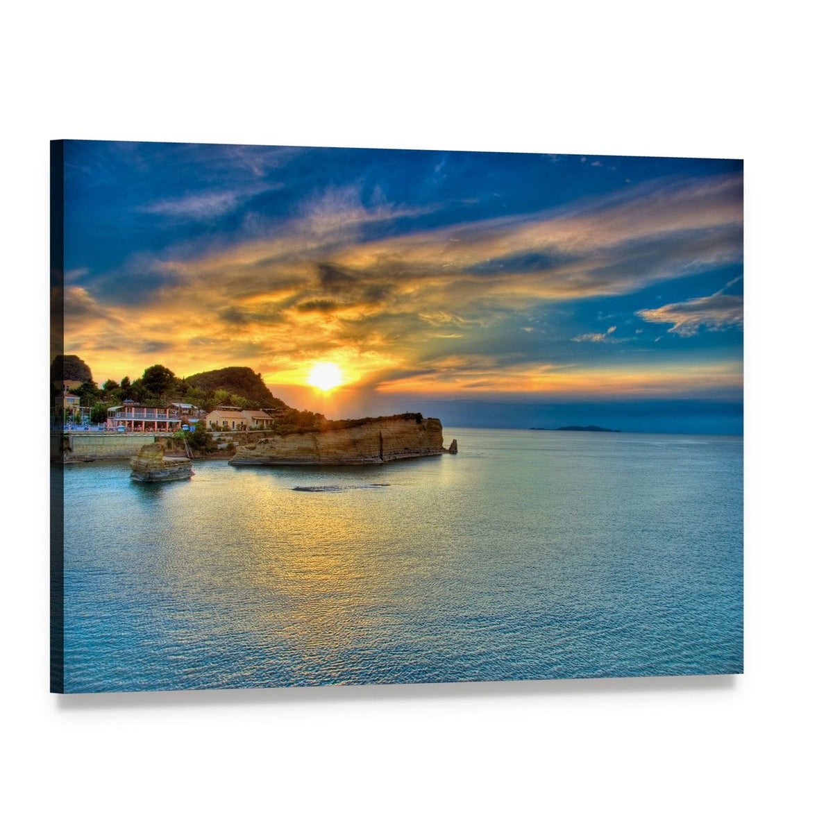 Island Sunset Over Coastal Town Canvas Wall Art, single panel gallery wrapped canvas, angled product view