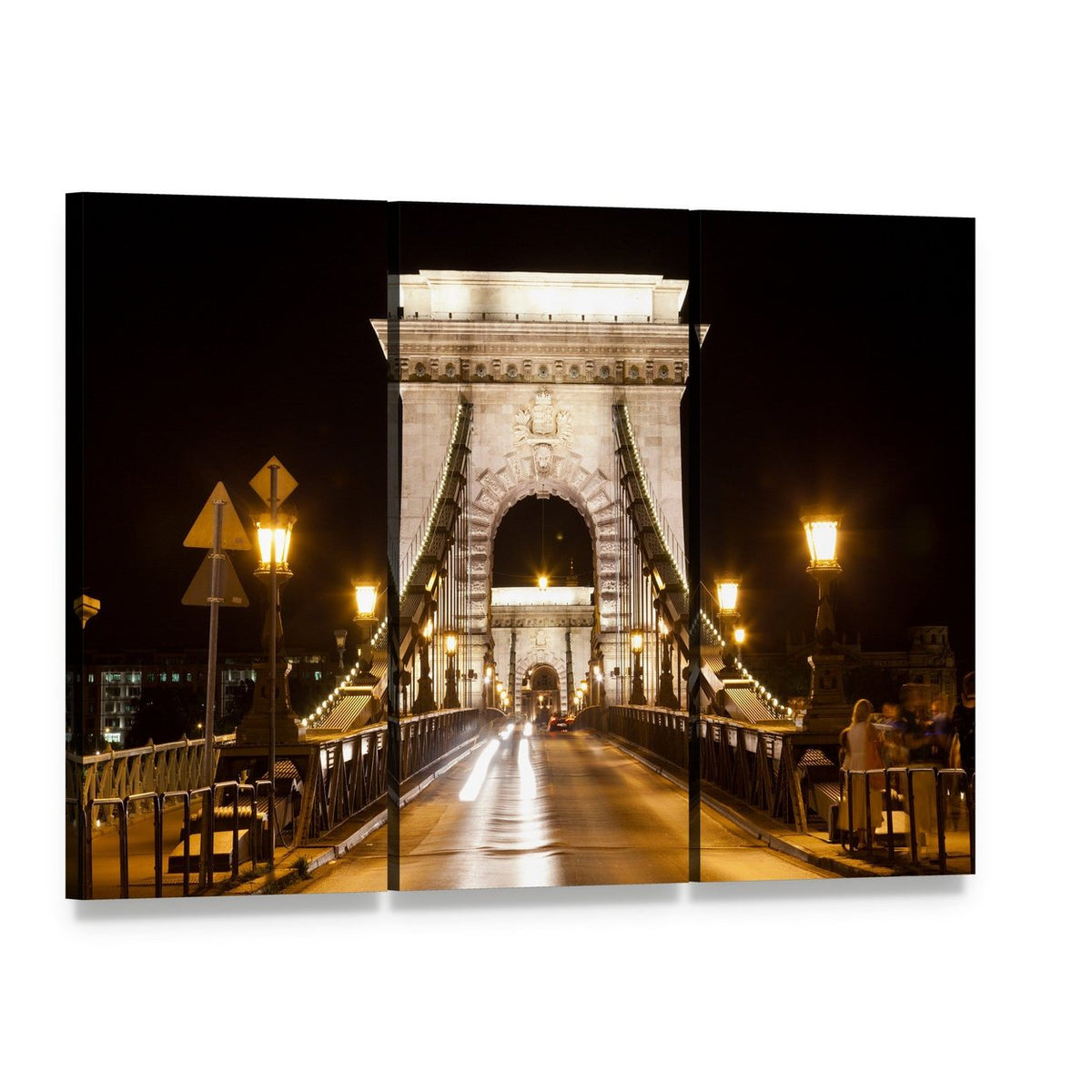 Illuminated Szechenyi Chain Bridge at Night Canvas Wall Art, 3 panel 3 Horizontal layout gallery wrapped canvas set, angled product view