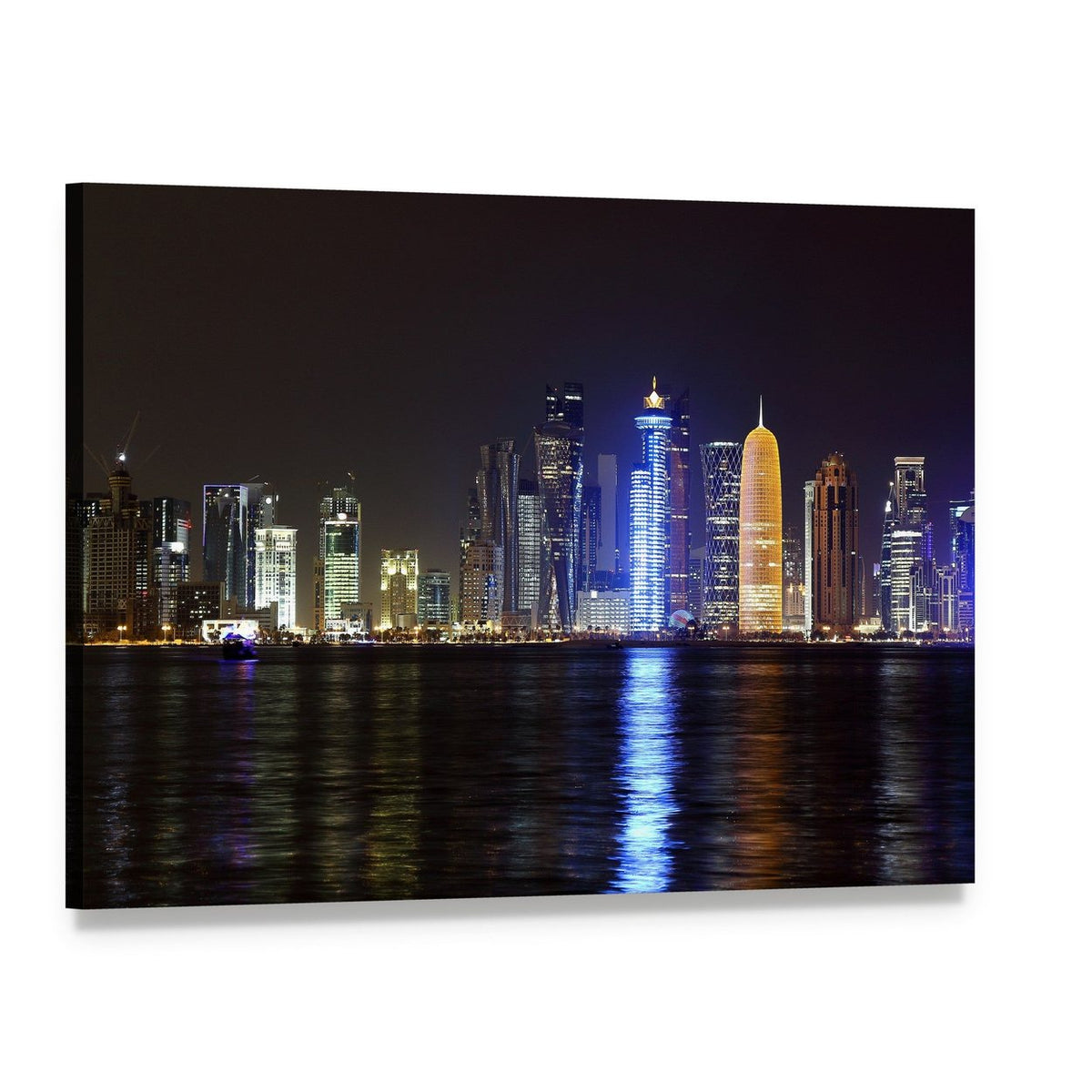 Doha Night Skyline Canvas Wall Art, single panel gallery wrapped canvas, angled product view