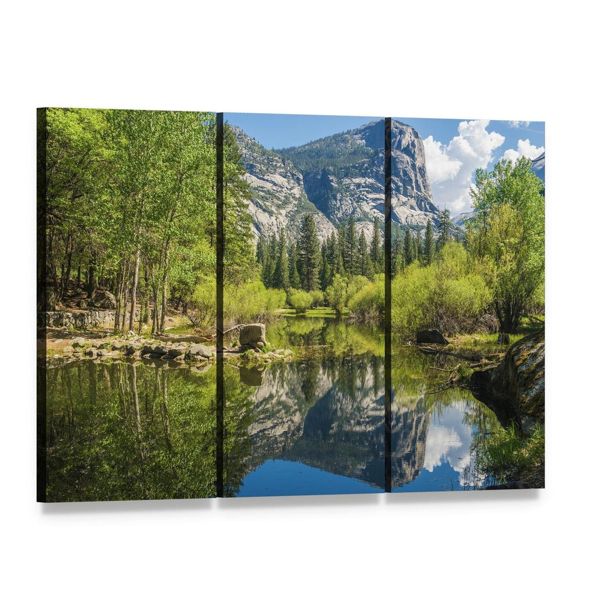 Half Dome Reflection in Mirror Lake Canvas Wall Art, 3 panel 3 Horizontal layout gallery wrapped canvas set, angled product view