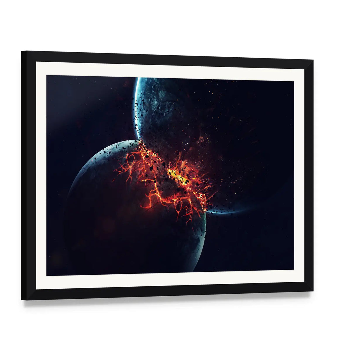 Two Planets Collision in Outer Space Canvas Wall Art, framed print with white mat and black frame, angled product view