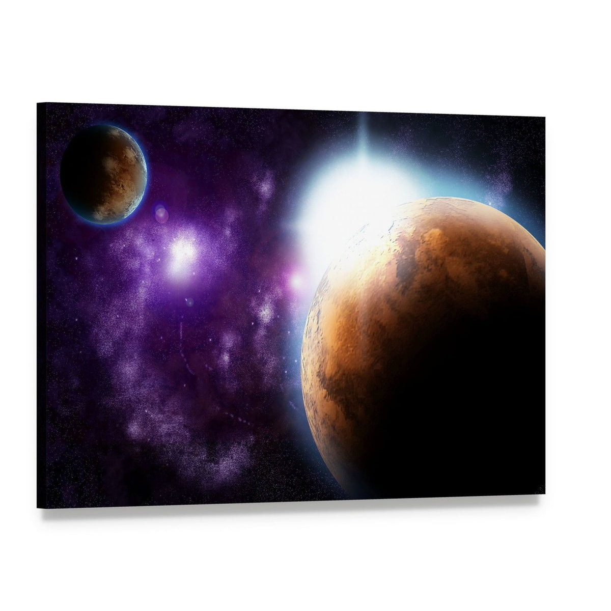 Planet with Sun Flare in Deep Space Canvas Wall Art, single panel gallery wrapped canvas, angled product view