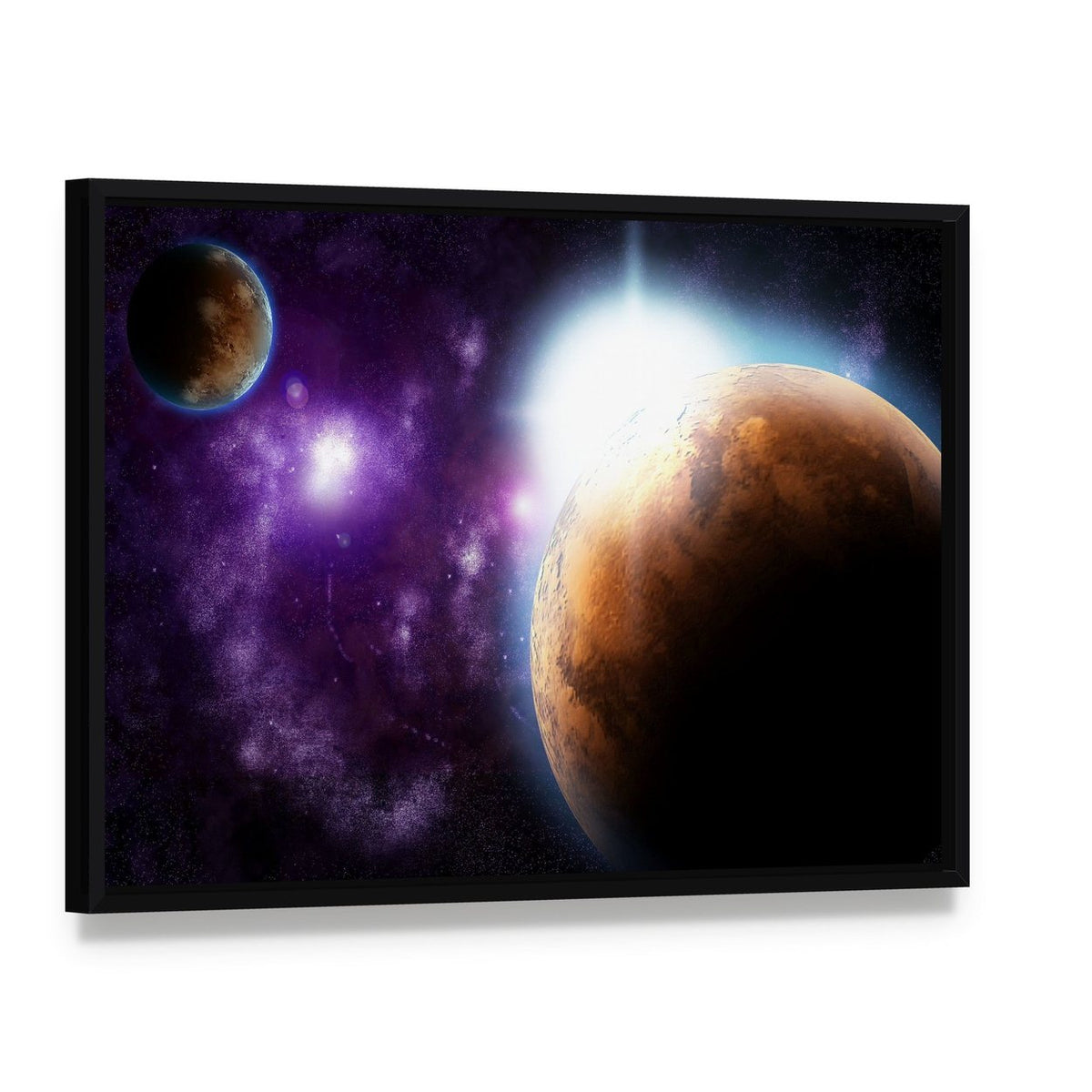 Planet with Sun Flare in Deep Space Canvas Wall Art, framed canvas in a black floater frame, angled product view
