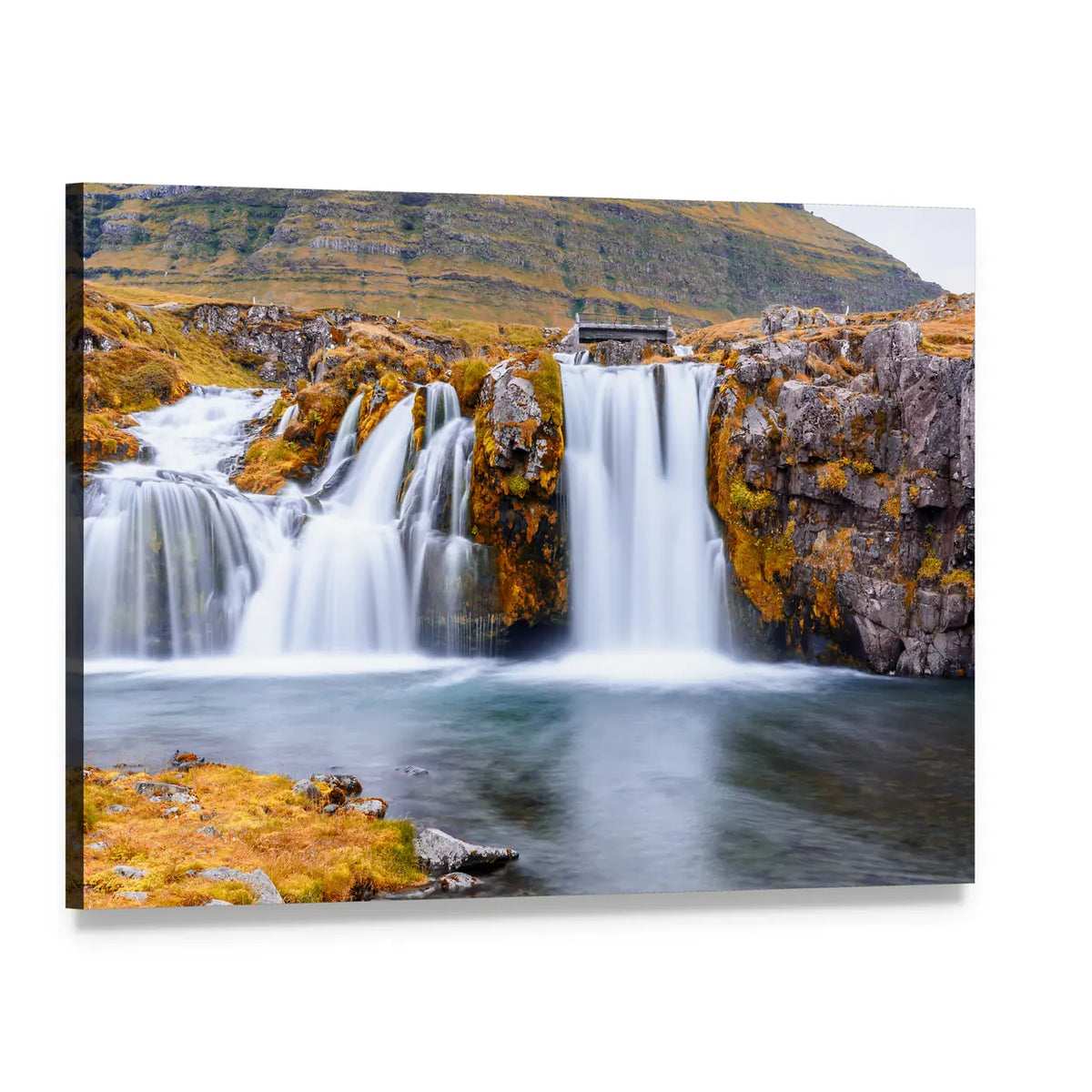 Autumn Waterfall with Wooden Bridge Canvas Wall Art, single panel gallery wrapped canvas, angled product view