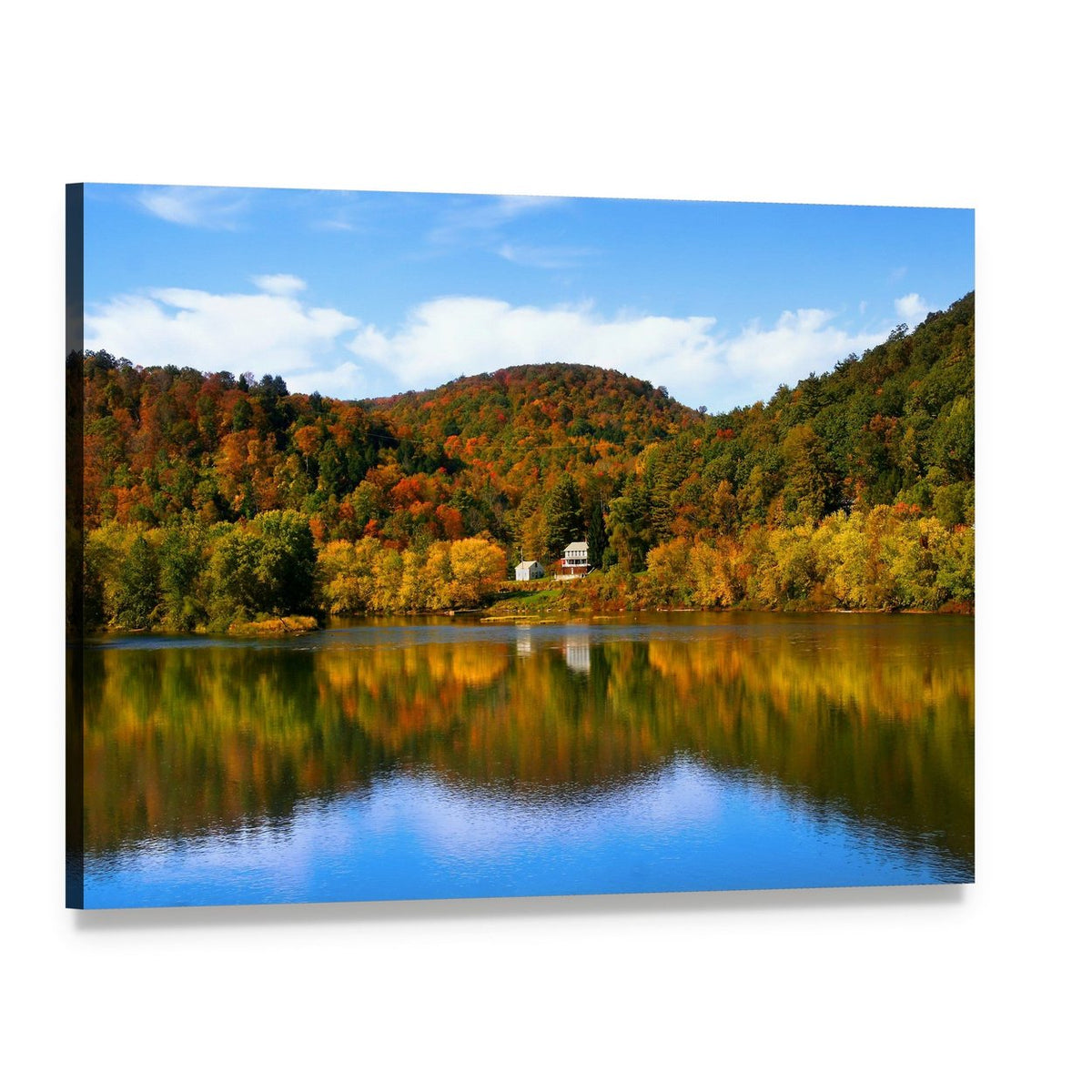 Autumn Lake with Forest Reflection Canvas Wall Art, single panel gallery wrapped canvas, angled product view