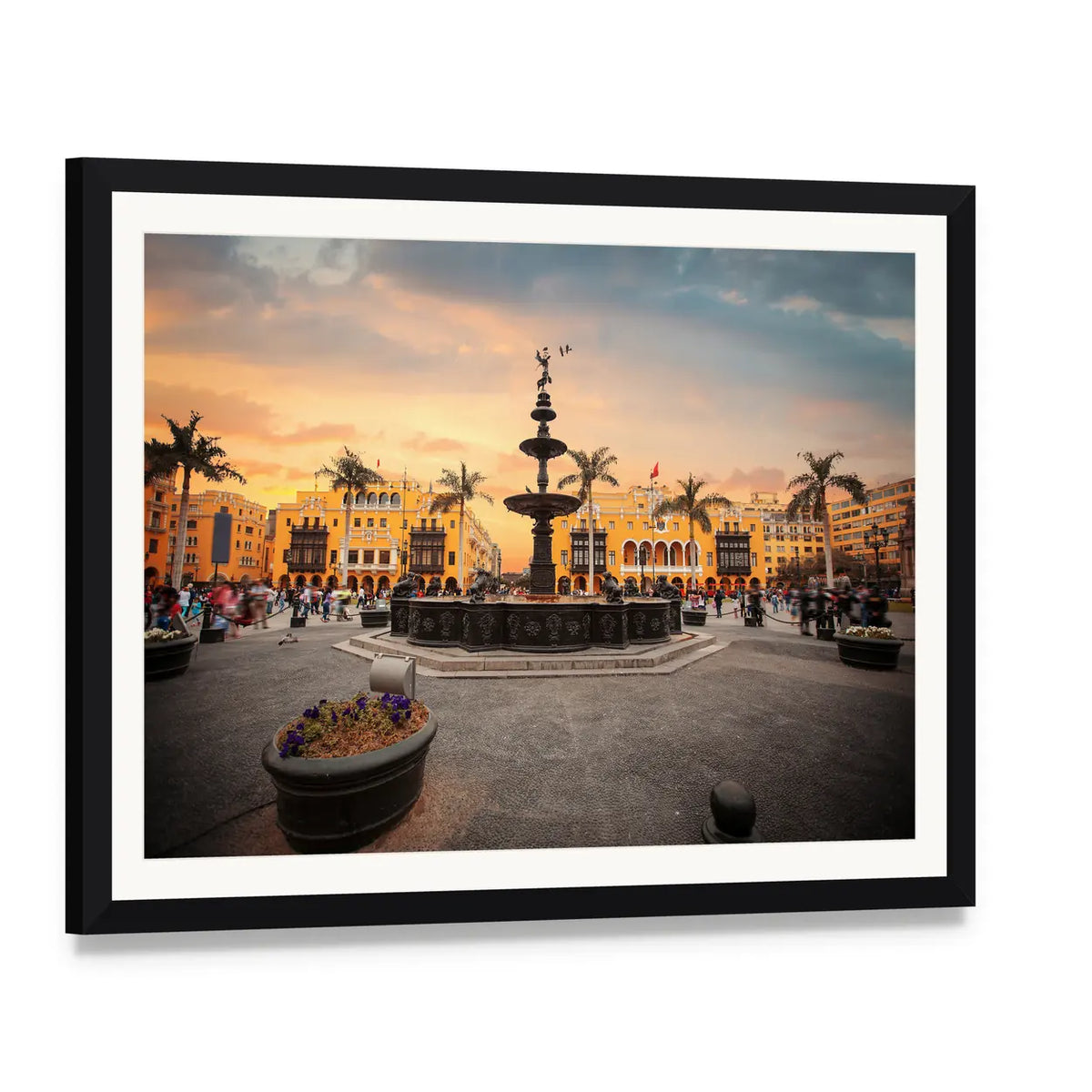 Main Square at Sunset Canvas Wall Art, framed print with white mat and black frame, angled product view