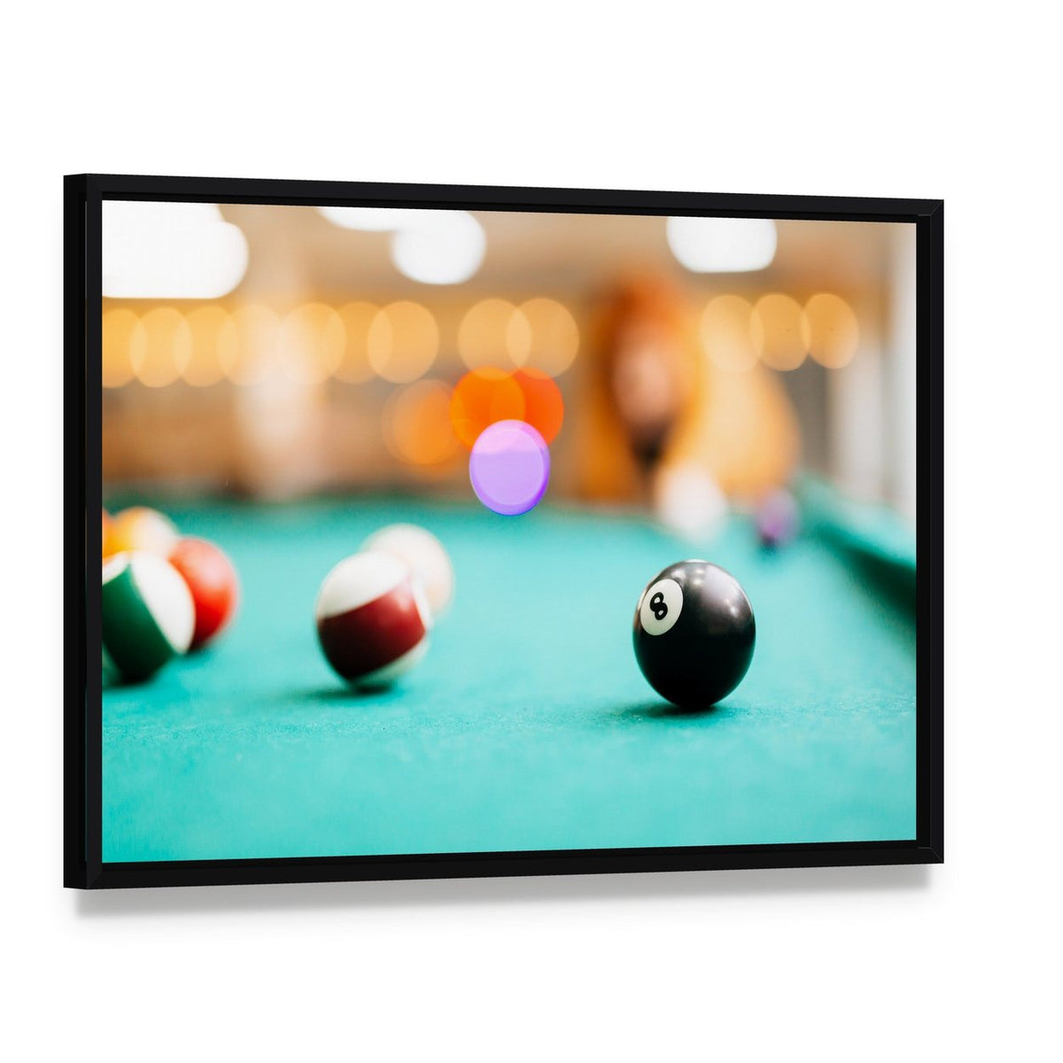 Snooker Eight Ball Pool Canvas Wall Art, framed canvas in a black floater frame, angled product view