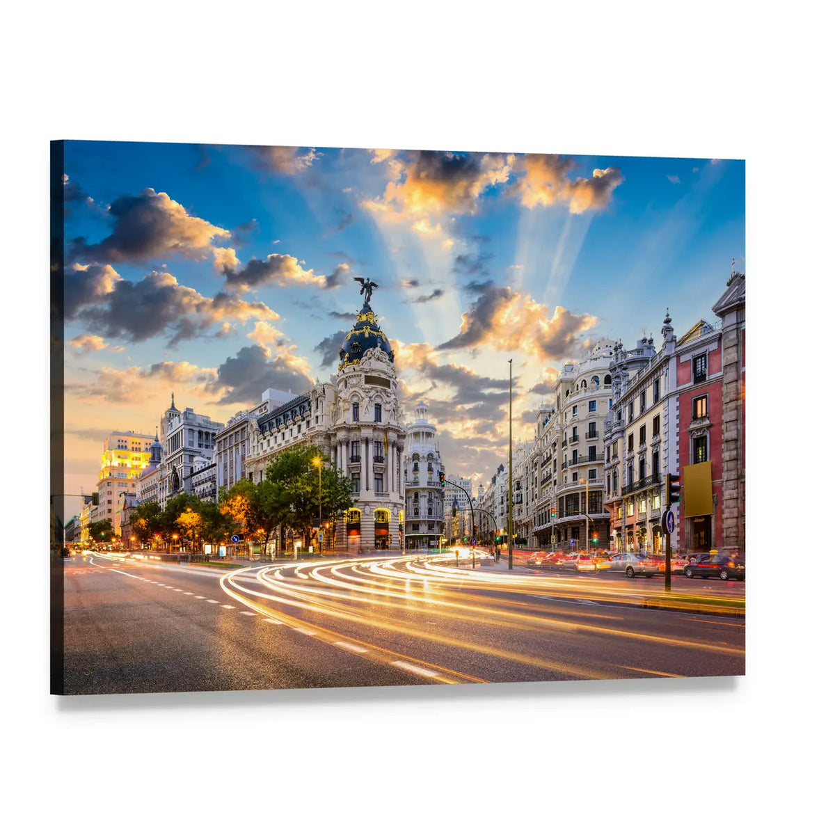 Calle De Alcala Light Trails at Golden Hour Canvas Wall Art, single panel gallery wrapped canvas, angled product view