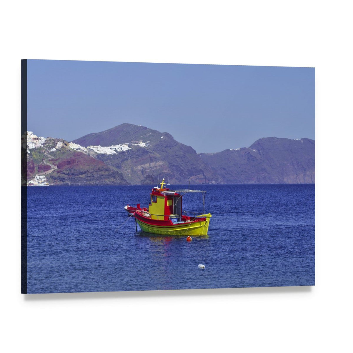 Colorful Fishing Boat on Calm Water Canvas Wall Art, single panel gallery wrapped canvas, angled product view
