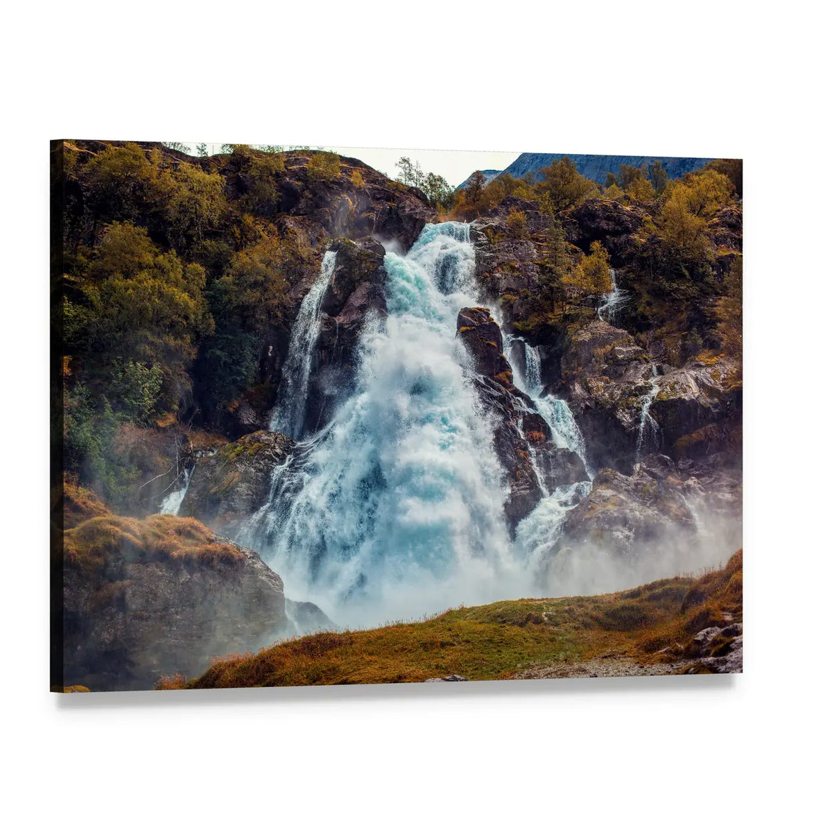 Norway Waterfall with Golden Autumn Foliage Canvas Wall Art, single panel gallery wrapped canvas, angled product view