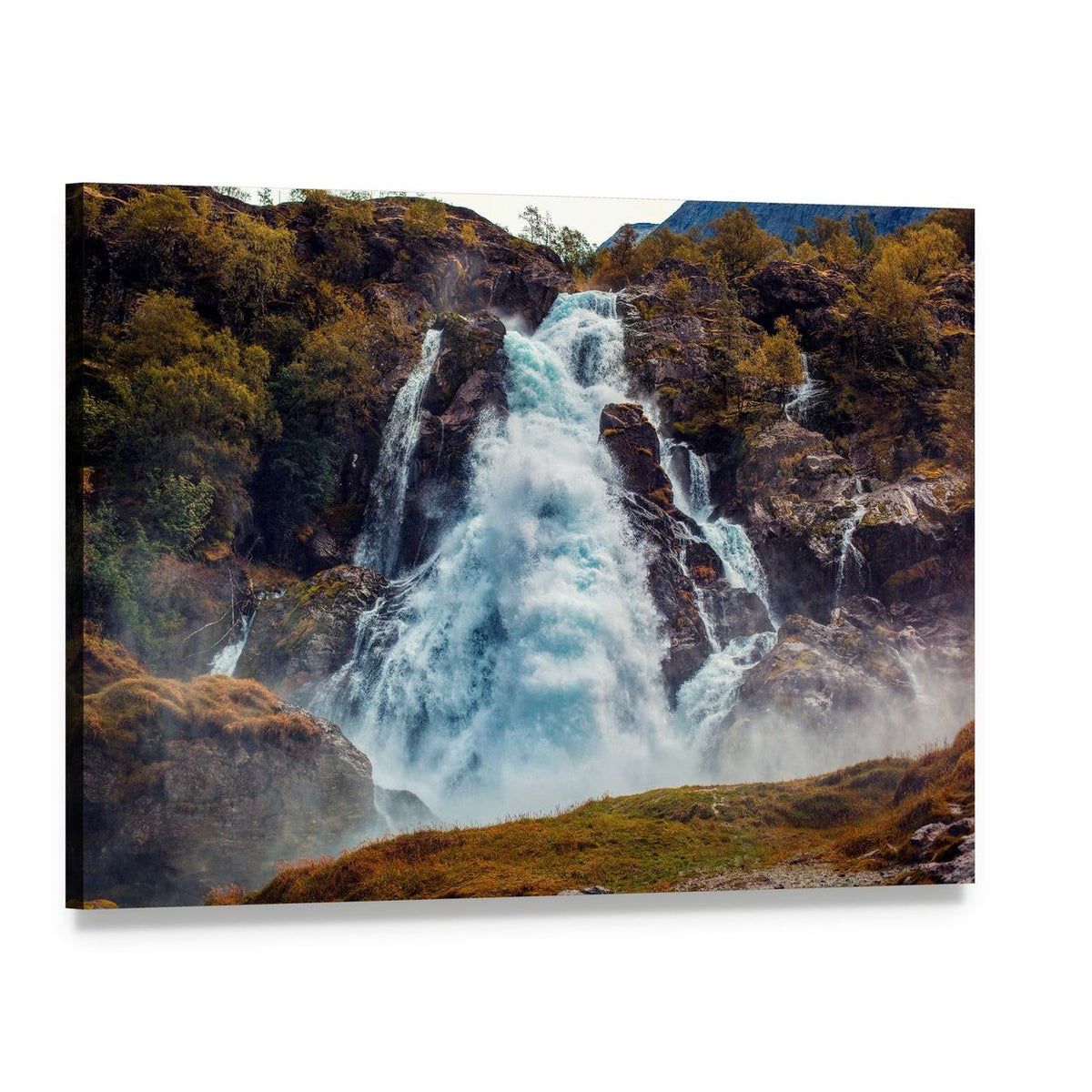 Norway Rocky Waterfall in Autumn Canvas Wall Art, single panel gallery wrapped canvas, angled product view