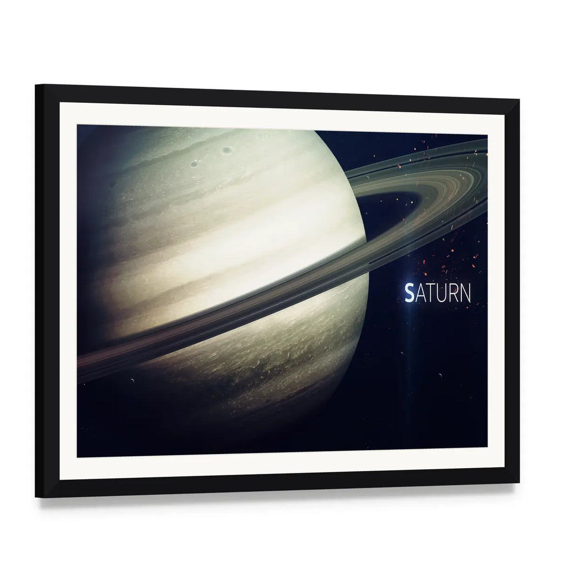 Saturn with Its Rings Canvas Wall Art, framed print with white mat and black frame, angled product view