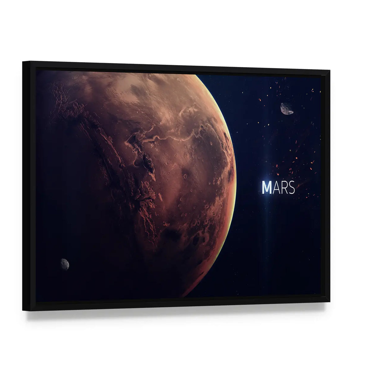 Planet Mars from Space Canvas Wall Art, framed canvas in a black floater frame, angled product view