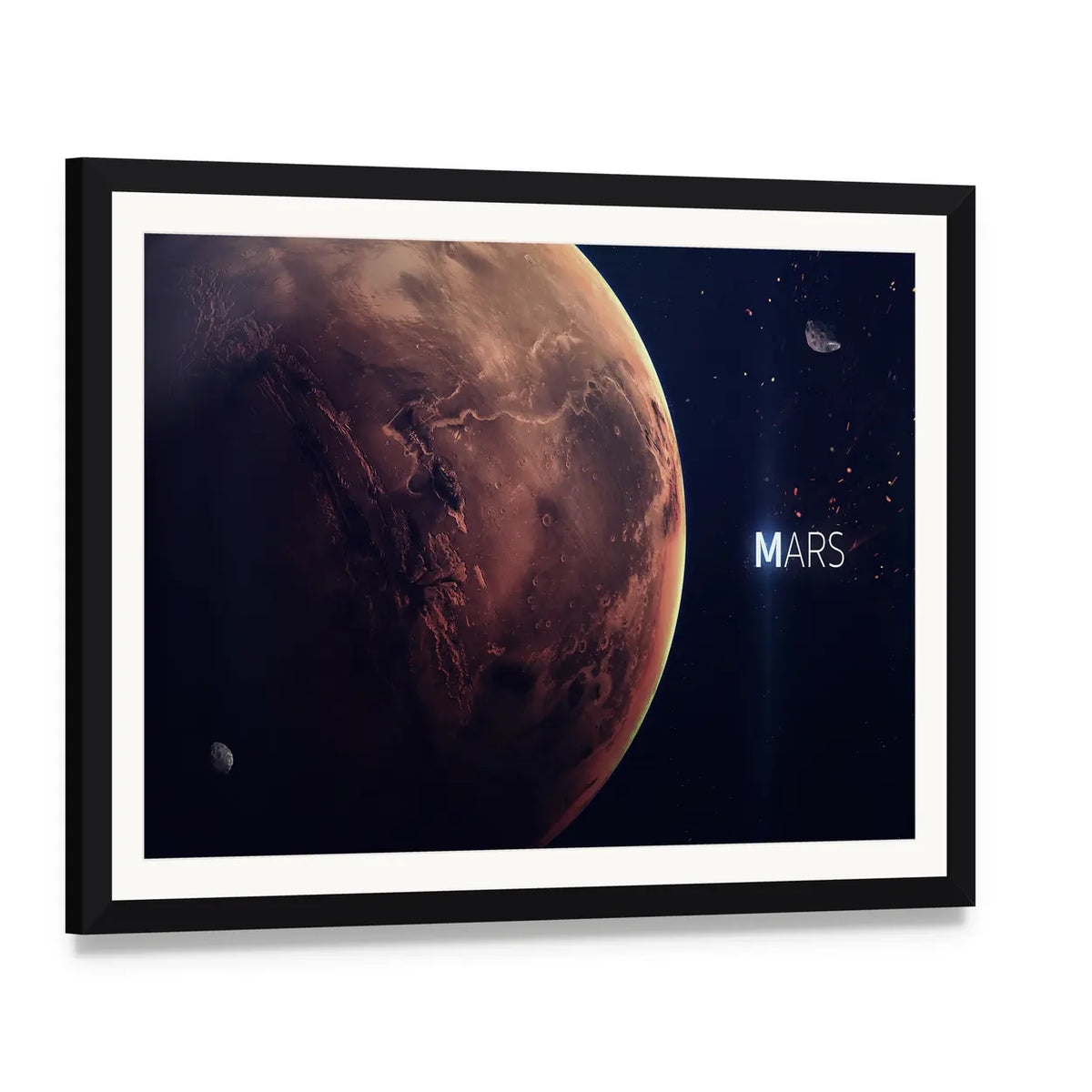 Planet Mars from Space Canvas Wall Art, framed print with white mat and black frame, angled product view