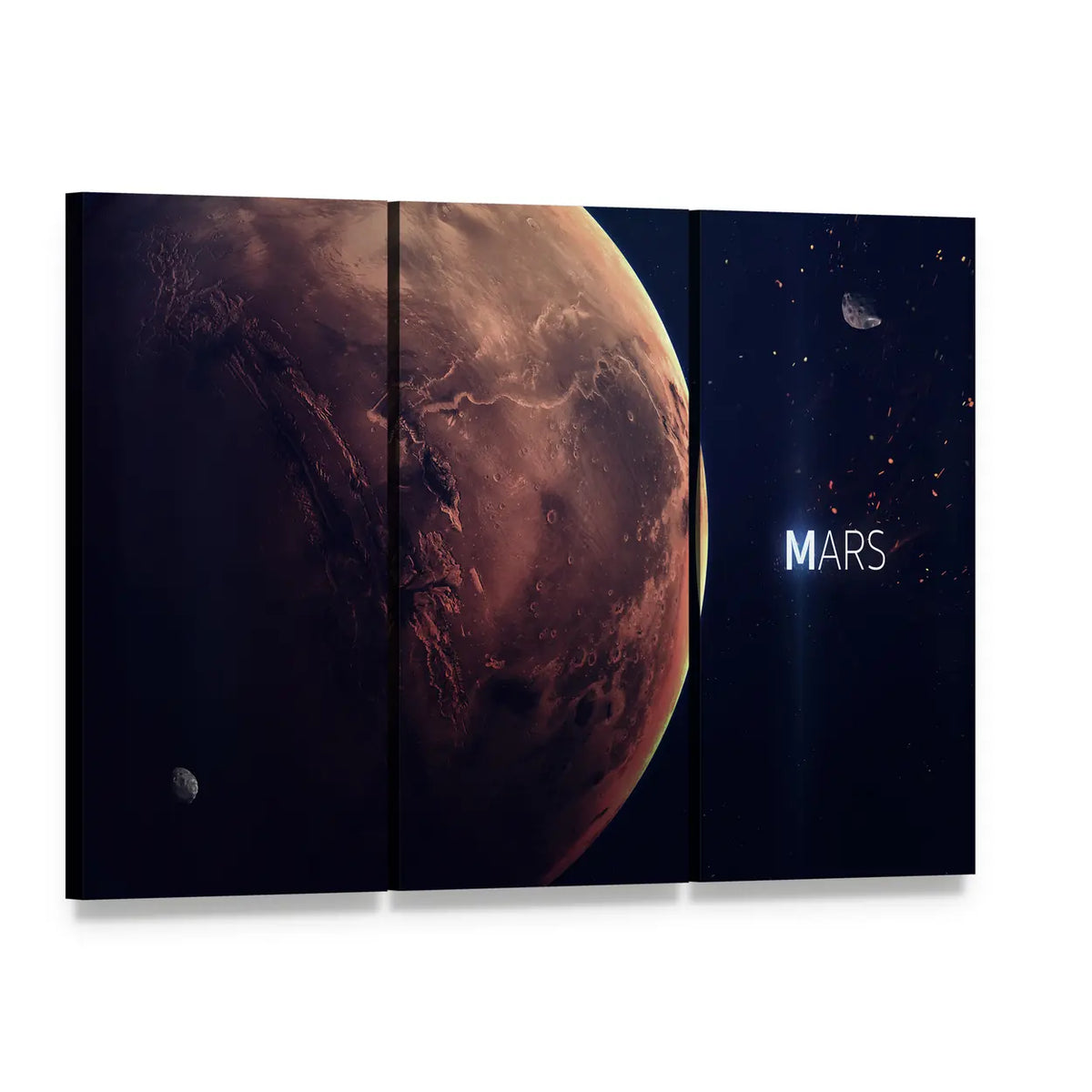 Planet Mars from Space Canvas Wall Art, 3 panel 3 Horizontal layout gallery wrapped canvas set, angled product view