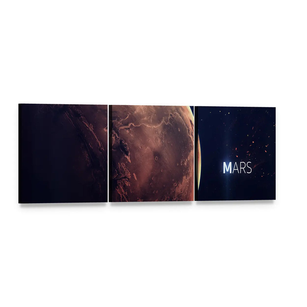 Planet Mars from Space Panoramic Canvas Wall Art, 3 panel 3 Piece layout gallery wrapped canvas set, angled product view