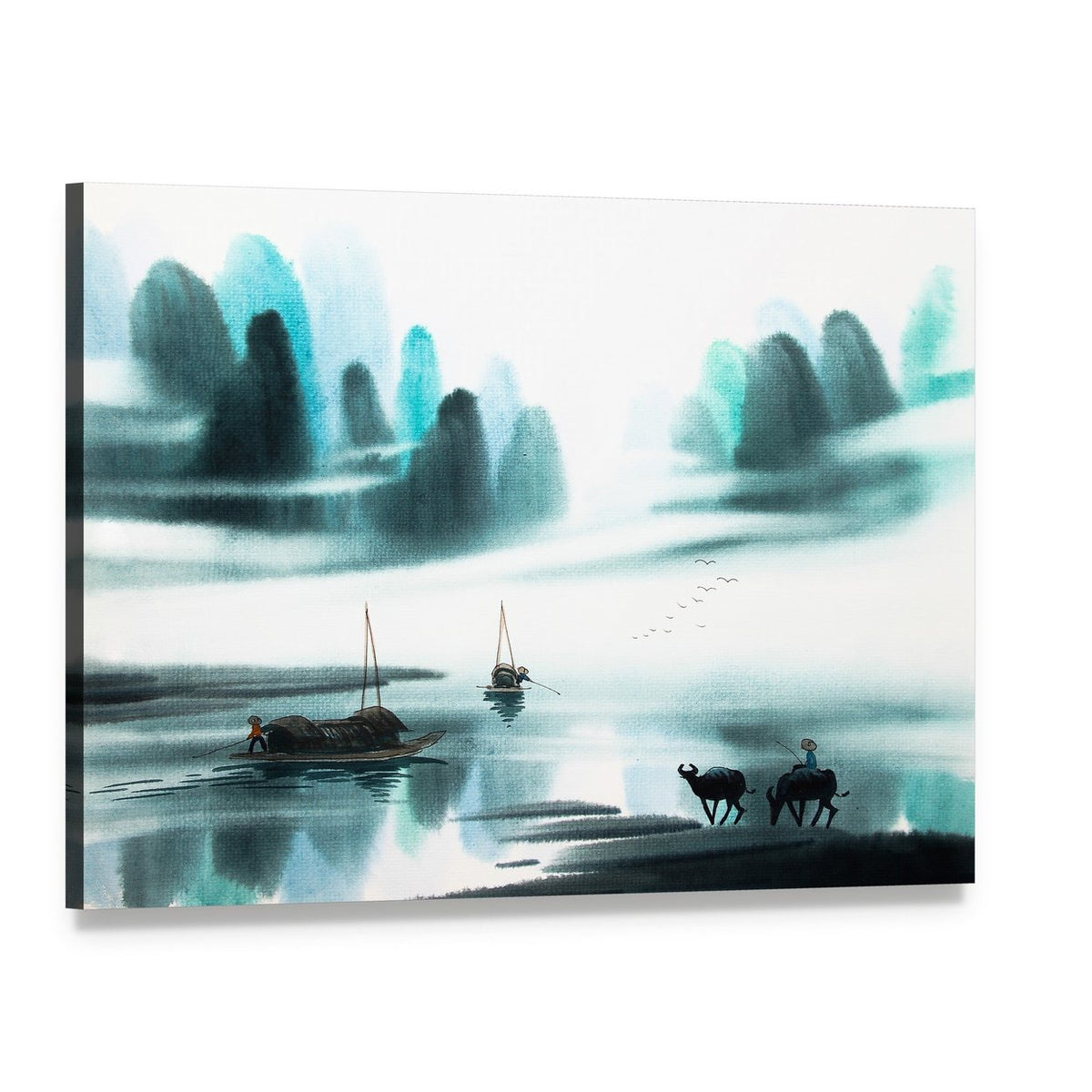 Watercolor Sketch of Ships in Lake Canvas Wall Art, single panel gallery wrapped canvas, angled product view