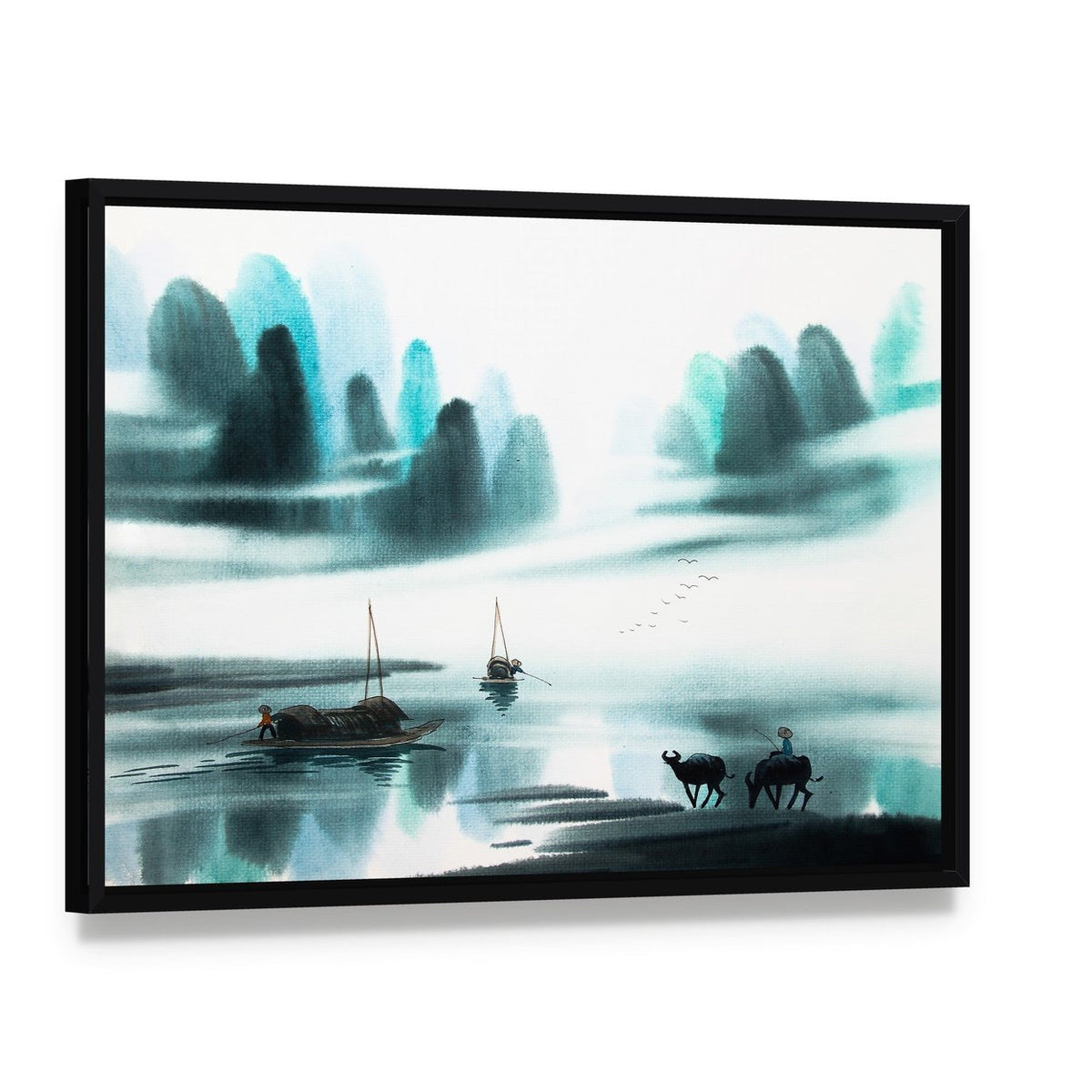 Watercolor Sketch of Ships in Lake Canvas Wall Art, framed canvas in a black floater frame, angled product view