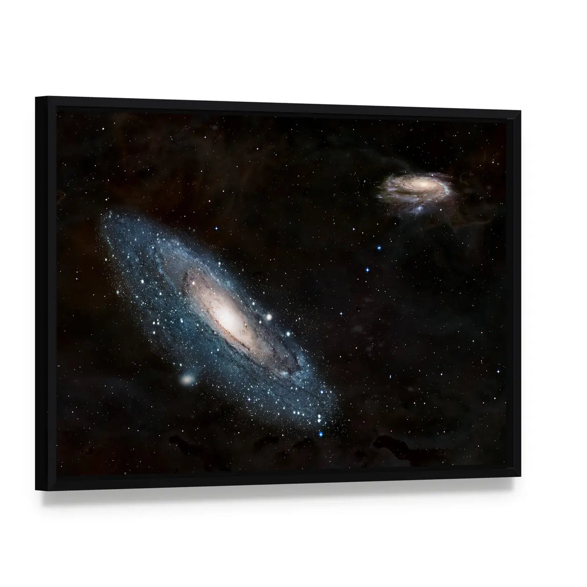 Andromeda Galaxy and Milky Way Canvas Wall Art, framed canvas in a black floater frame, angled product view