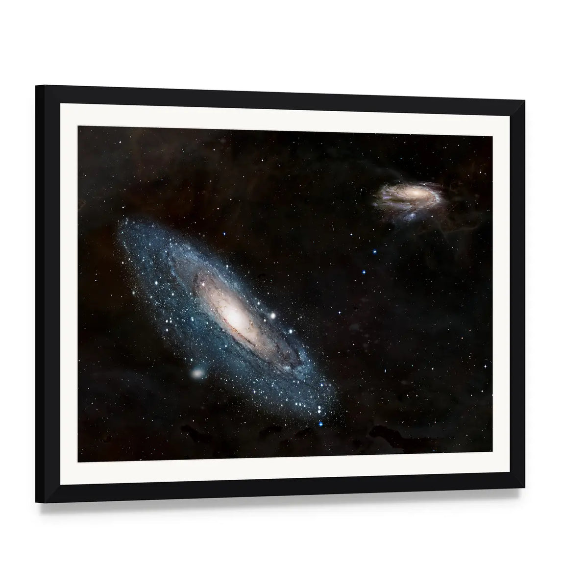 Andromeda Galaxy and Milky Way Canvas Wall Art, framed print with white mat and black frame, angled product view