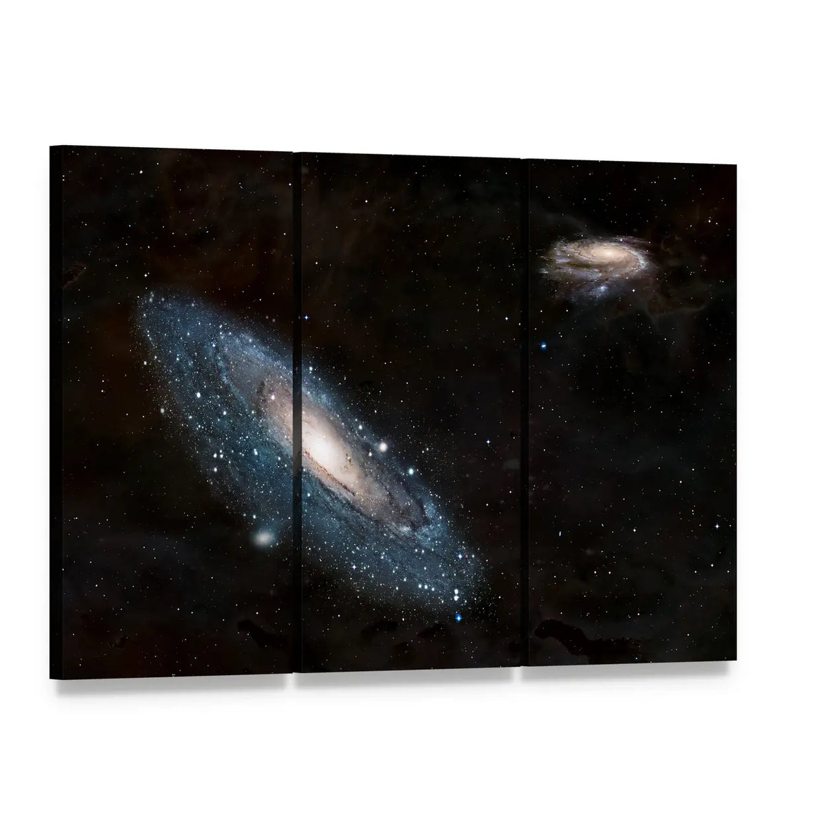 Andromeda Galaxy and Milky Way Canvas Wall Art, 3 panel 3 Horizontal layout gallery wrapped canvas set, angled product view