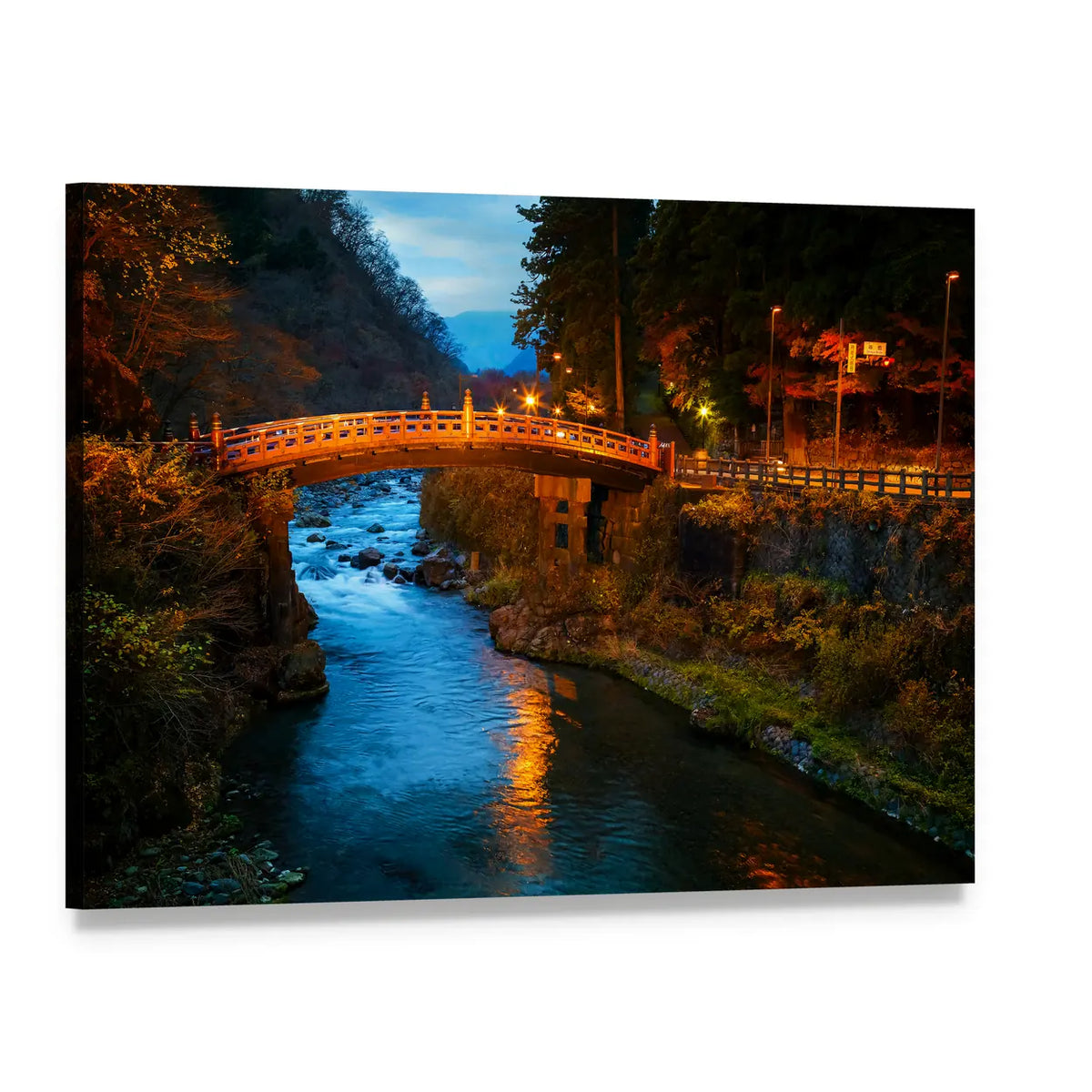 Sacred Bridge in Japan at Night Canvas Wall Art, single panel gallery wrapped canvas, angled product view