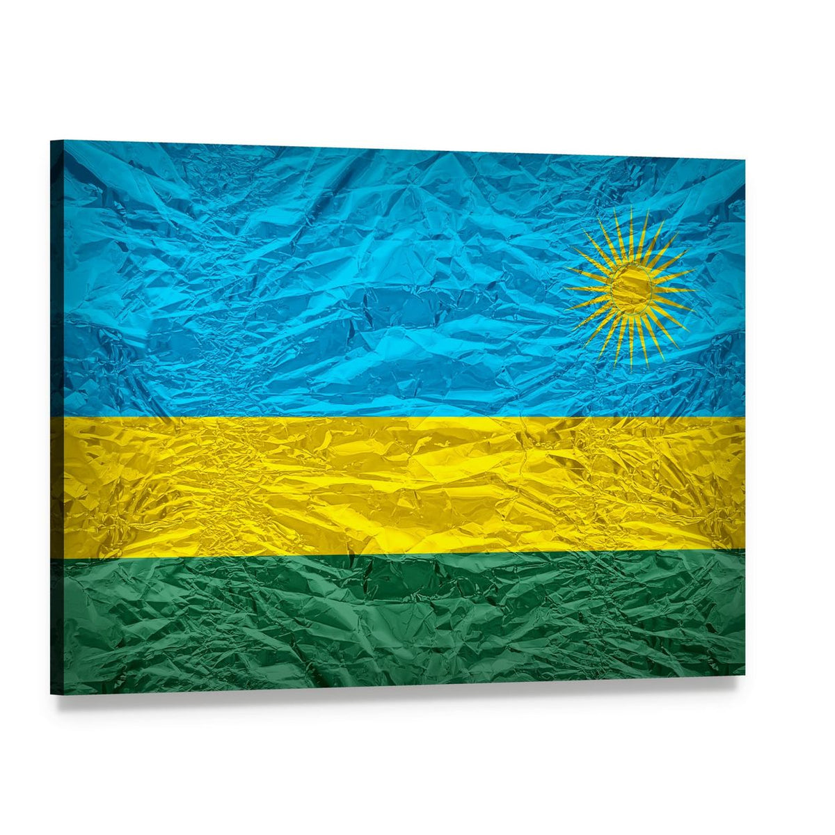 Rwanda Flag with Crinkled Texture Canvas Wall Art, single panel gallery wrapped canvas, angled product view