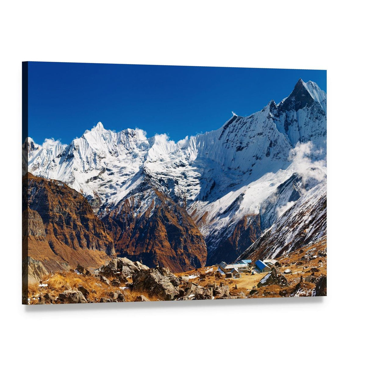 Mount Machhapuchhre Tent Camp Canvas Wall Art, single panel gallery wrapped canvas, angled product view