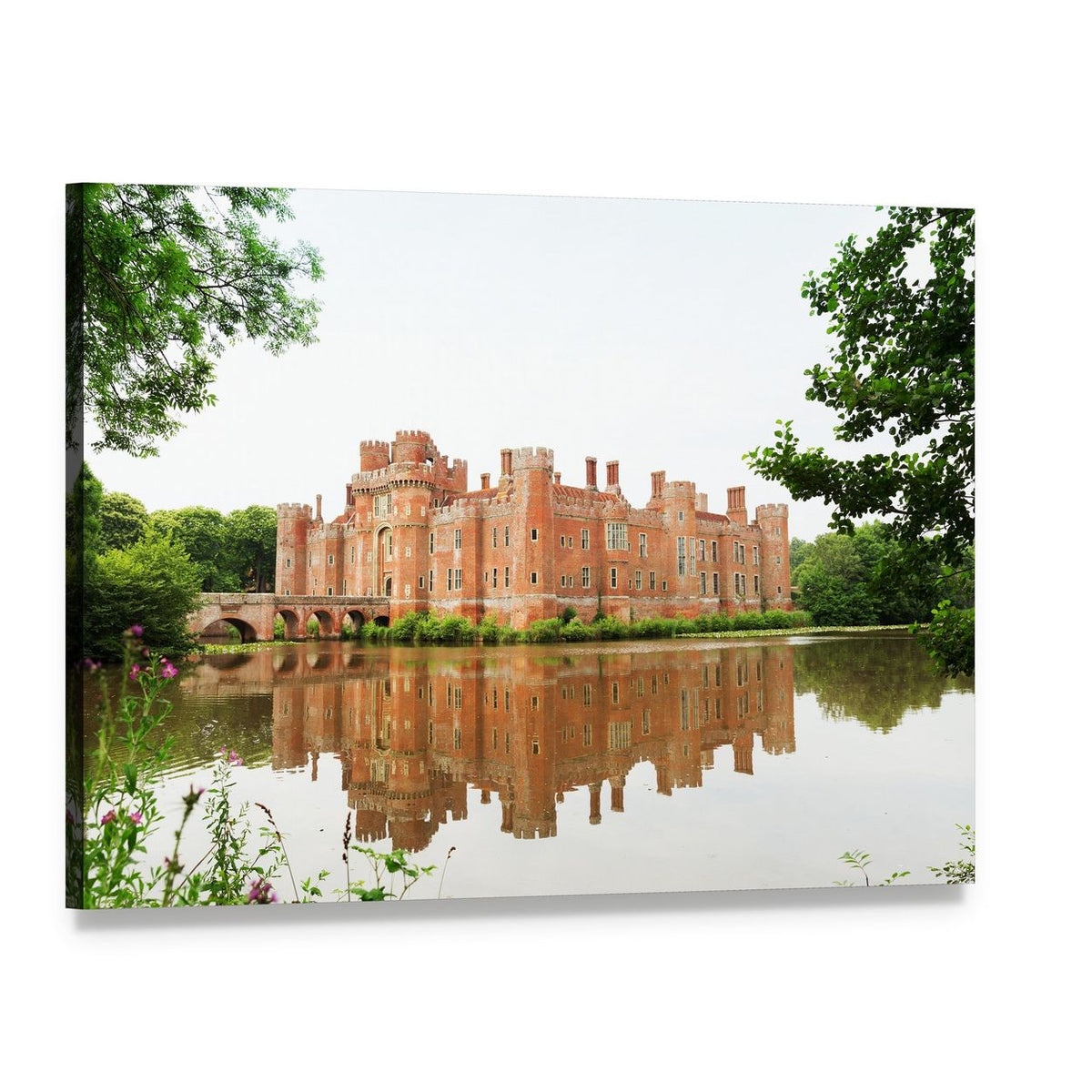 Red Brick Herstmonceux Castle with Reflection Canvas Wall Art, single panel gallery wrapped canvas, angled product view