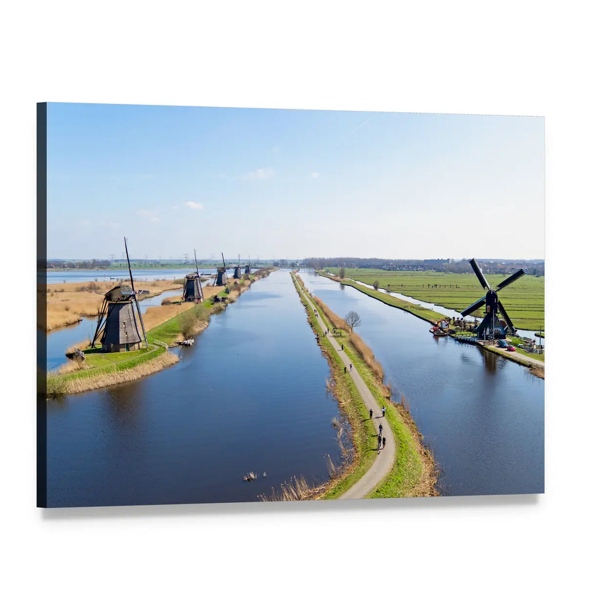 Traditional Dutch Windmills Along Canal Canvas Wall Art, single panel gallery wrapped canvas, angled product view