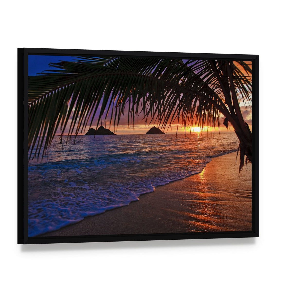 Pacific Sunrise at Lanikai Beach Canvas Wall Art, framed canvas in a black floater frame, angled product view