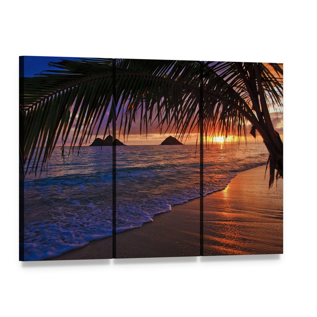 Pacific Sunrise at Lanikai Beach Canvas Wall Art, 3 panel 3 Horizontal layout gallery wrapped canvas set, angled product view