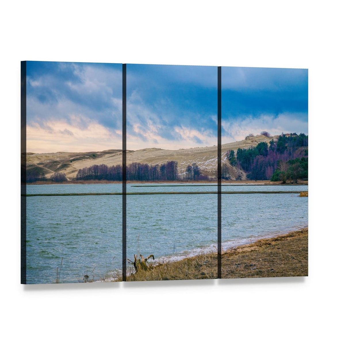 Winter View of Parnidis Dune Canvas Wall Art, 3 panel 3 Horizontal layout gallery wrapped canvas set, angled product view
