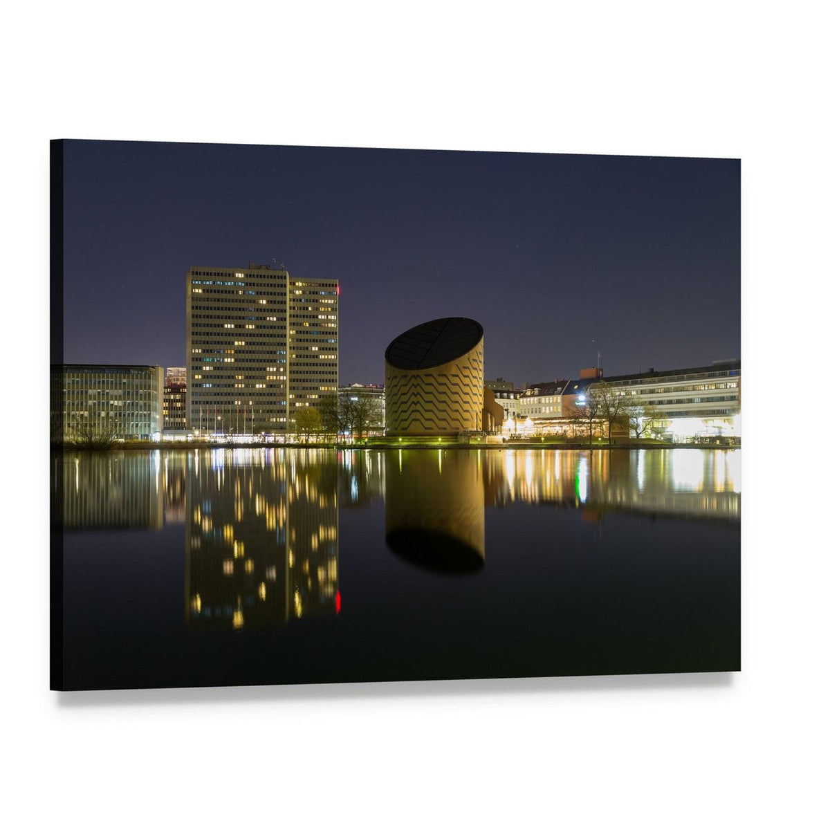 Copenhagen Skyline at Night Canvas Wall Art, single panel gallery wrapped canvas, angled product view