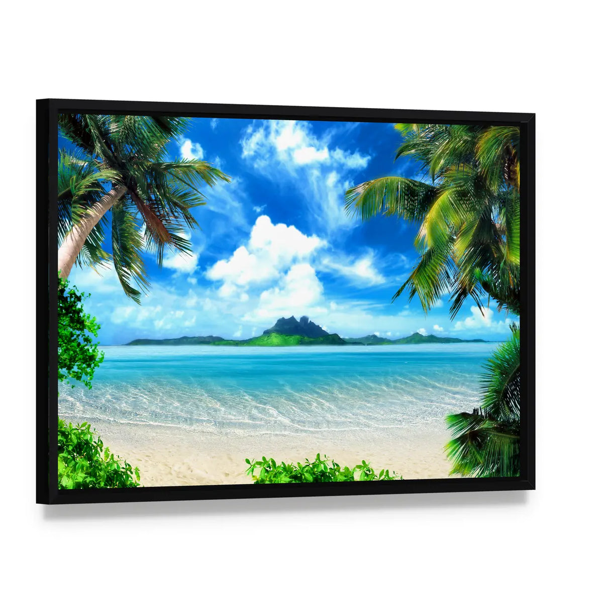 Tropical Beach with Turquoise Ocean Canvas Wall Art, framed canvas in a black floater frame, angled product view