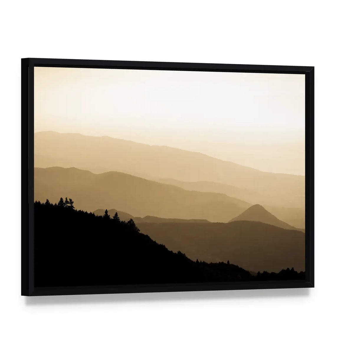 Sunset Over Foggy Mountains In Turkey Canvas Wall Art, framed canvas in a black floater frame, angled product view