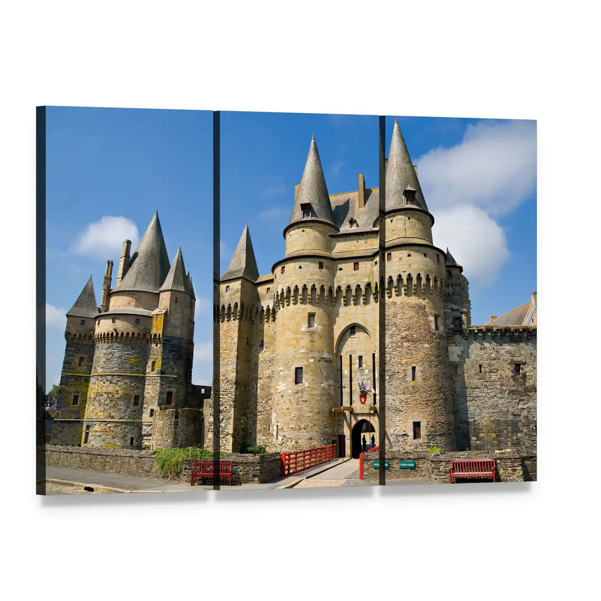 Vitr Castle in Brittany, France Canvas Wall Art, 3 panel 3 Horizontal layout gallery wrapped canvas set, angled product view