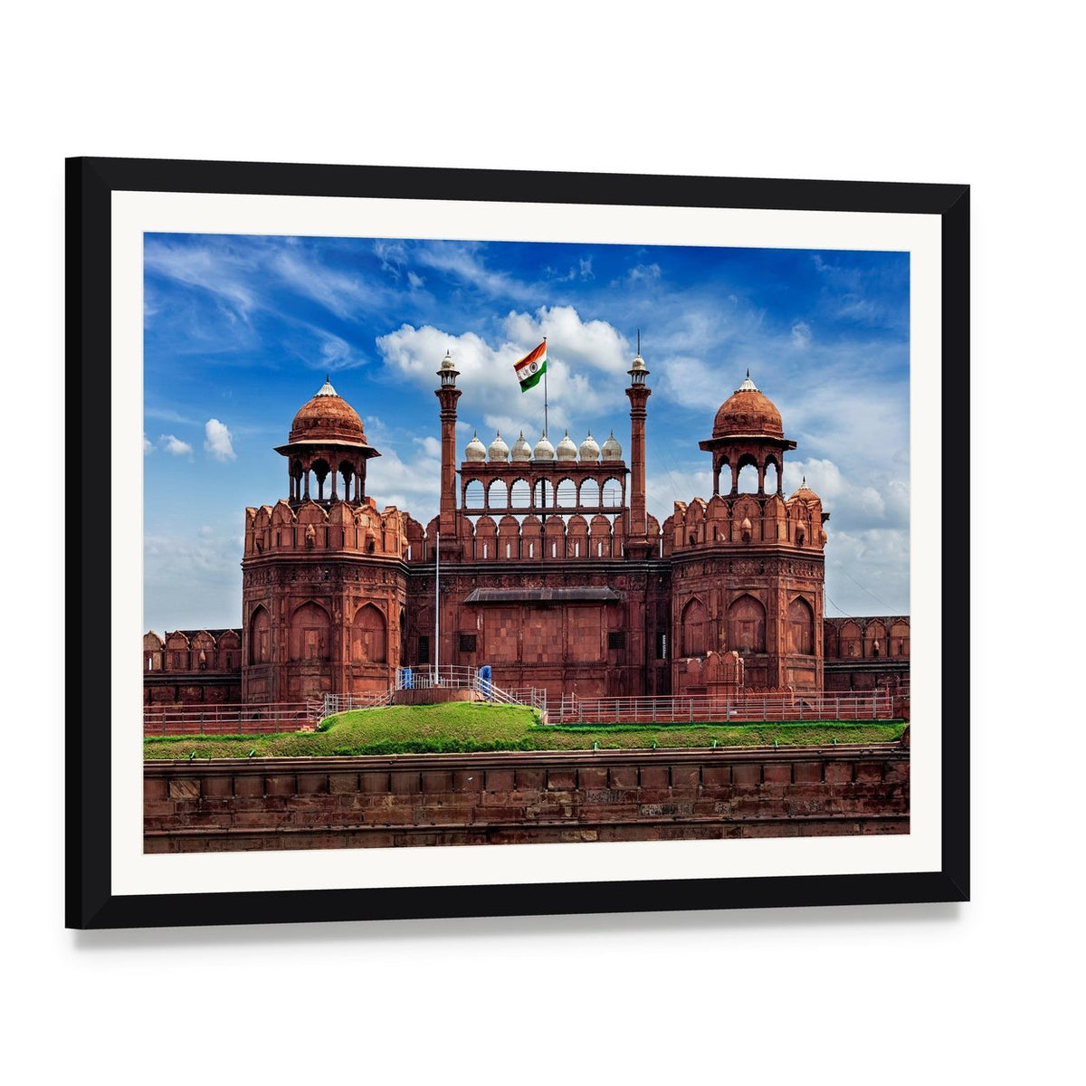 Lal Qila Red Fort, Delhi Canvas Wall Art, framed print with white mat and black frame, angled product view