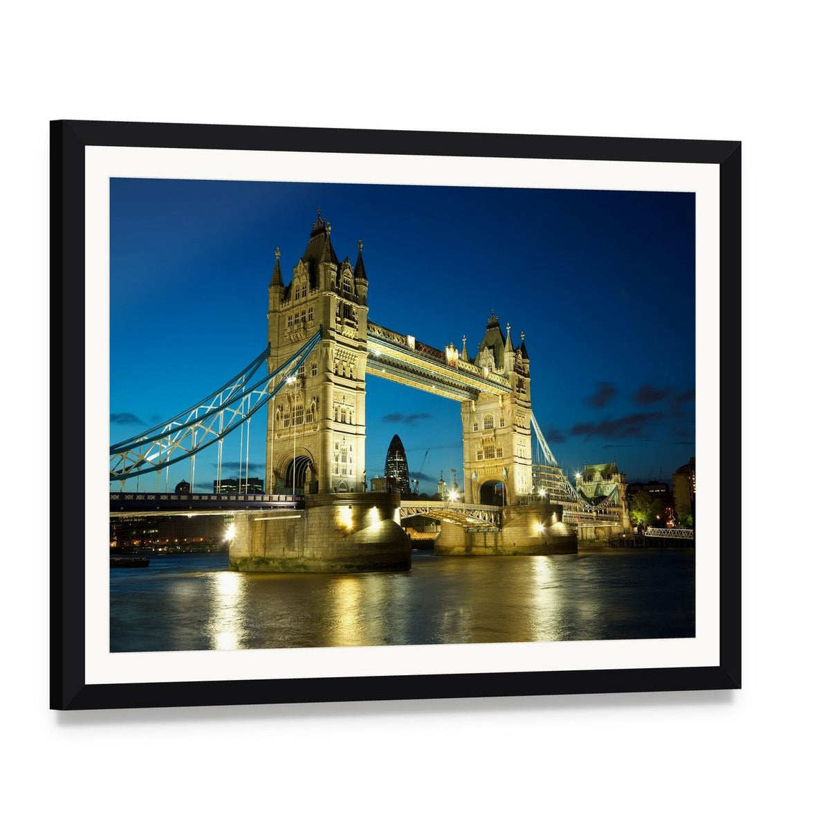 Tower Bridge at Dusk Canvas Wall Art, framed print with white mat and black frame, angled product view