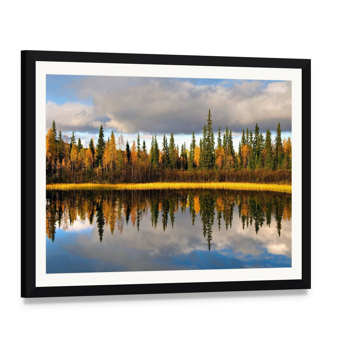 Rural Scandinavian Landscape Canvas Wall Art, framed print with white mat and black frame, angled product view