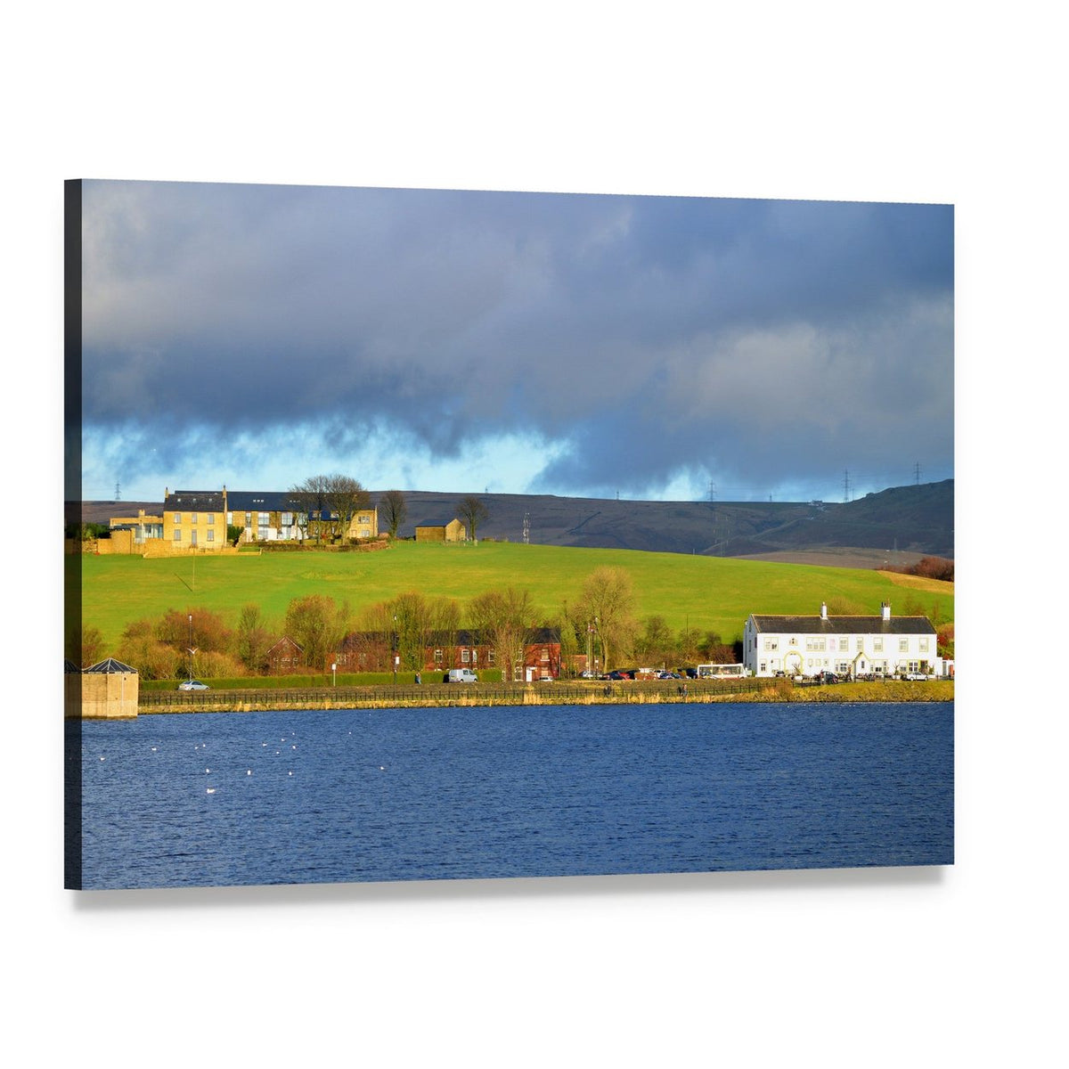 Hollingworth Lake with Hilltop Houses Canvas Wall Art, single panel gallery wrapped canvas, angled product view