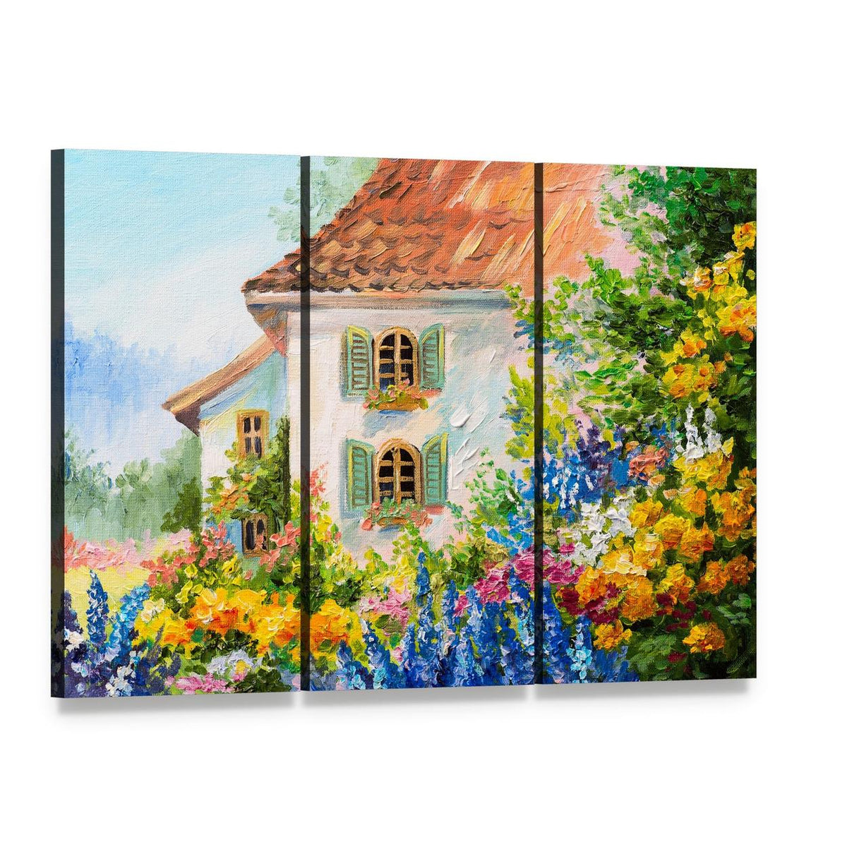 Abstract House in Flower Garden Canvas Wall Art, 3 panel 3 Horizontal layout gallery wrapped canvas set, angled product view