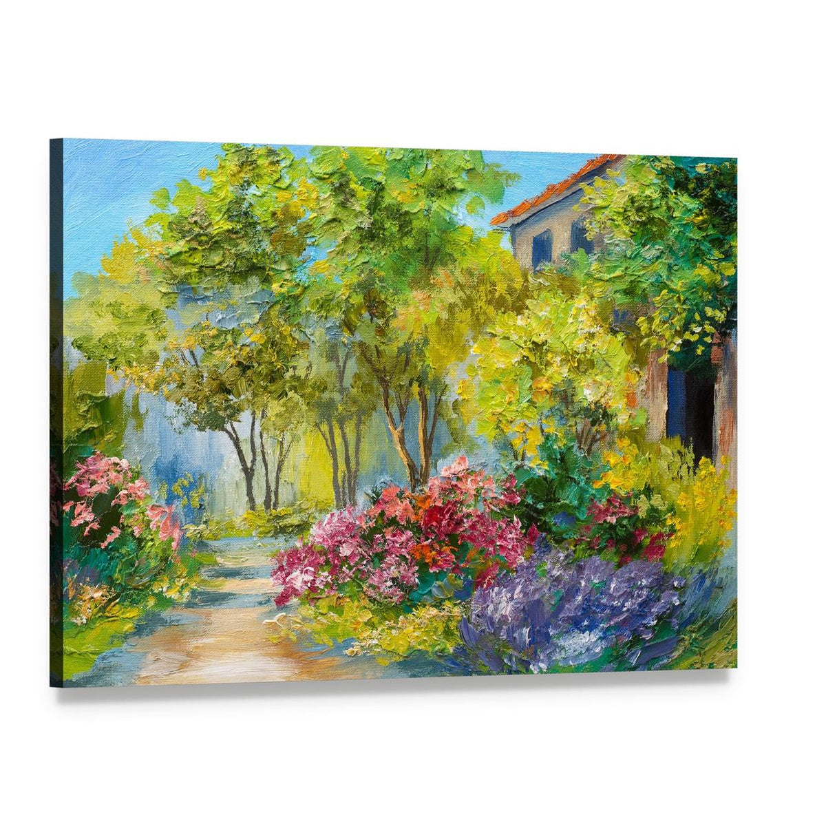 House in Summer Forest Canvas Wall Art, single panel gallery wrapped canvas, angled product view
